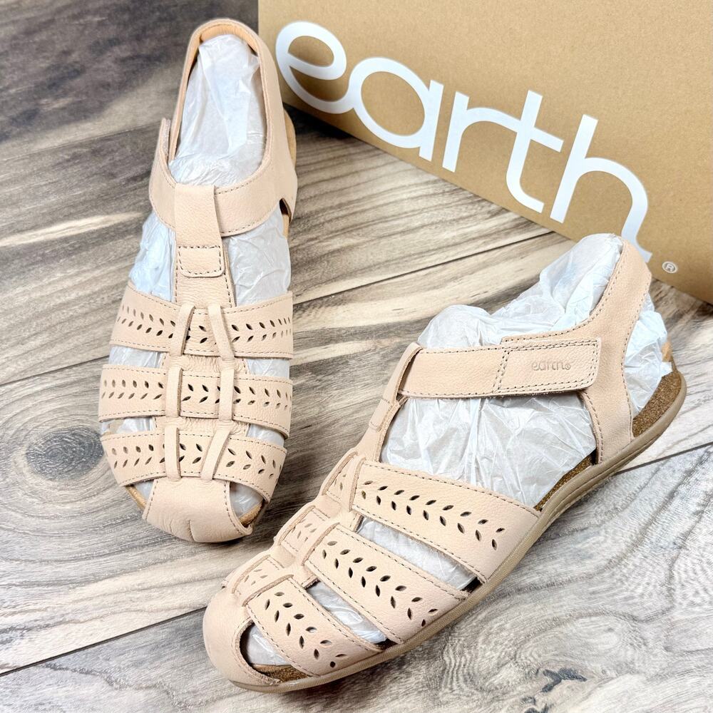 NIB Earth Birdy 10M Round Toe Leather Comfort Fisherman Sandal Light Natural
